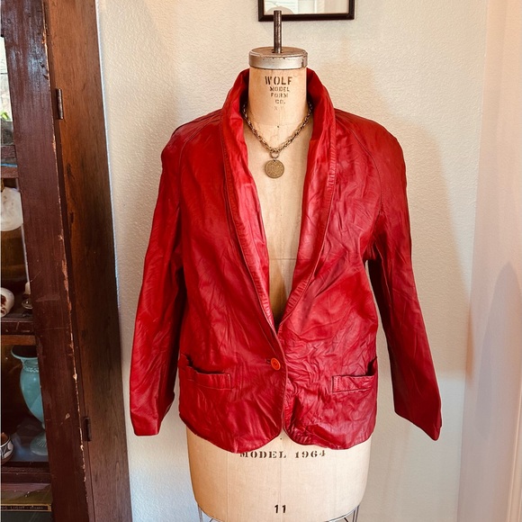Vintage Red Women's Leather Blazer Jacket - Picture 1 of 7